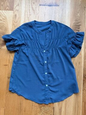 SHEIN Navy Blue Button-Front Ruffle Sleeve Blouse